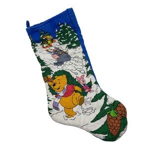Vintage Disney Winnie the Pooh Quilted Christmas Stocking Blue Winter Scene 19"